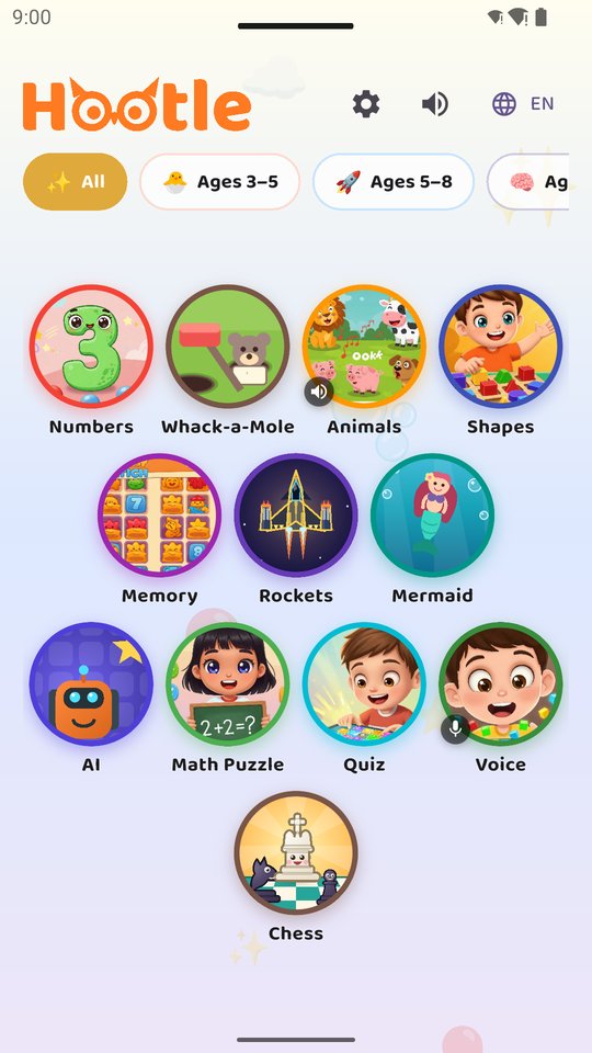 The Hootle home screen: a round button for each game.